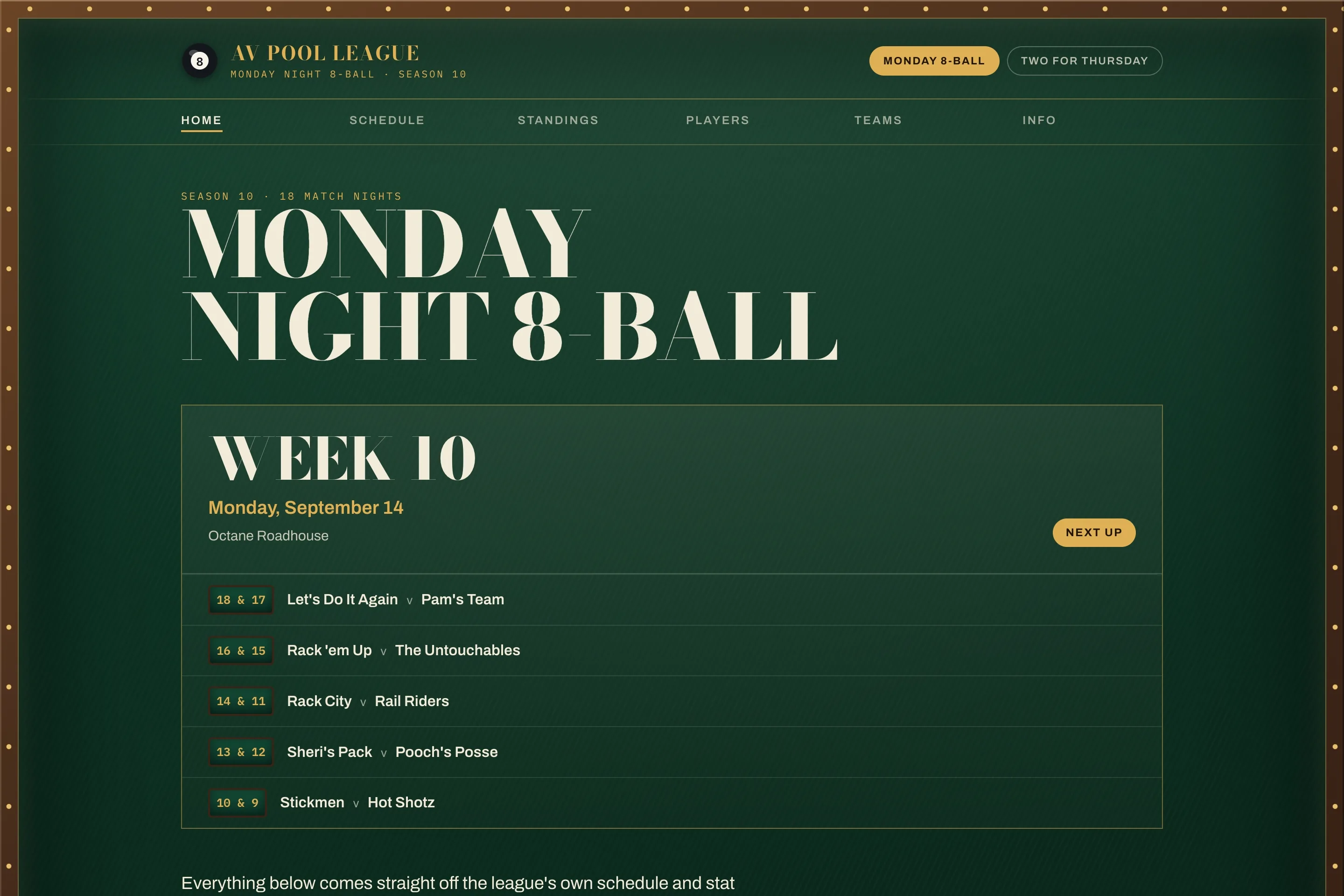 The AVP home page, with the next match night and the top of the standings for the Monday division.