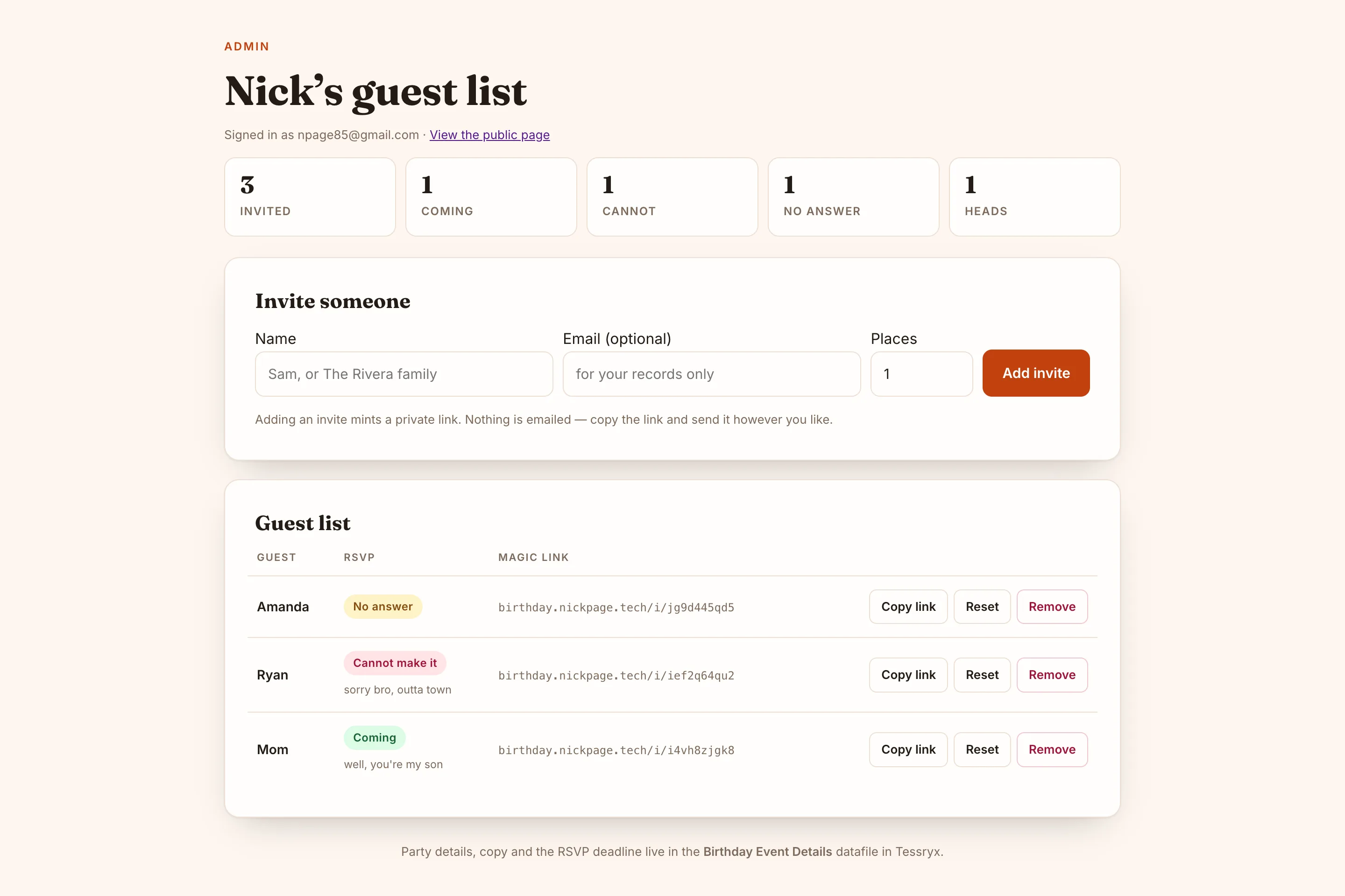 A birthday invite site, built by an AI agent on Tessryx, live at birthday.nickpage.tech
