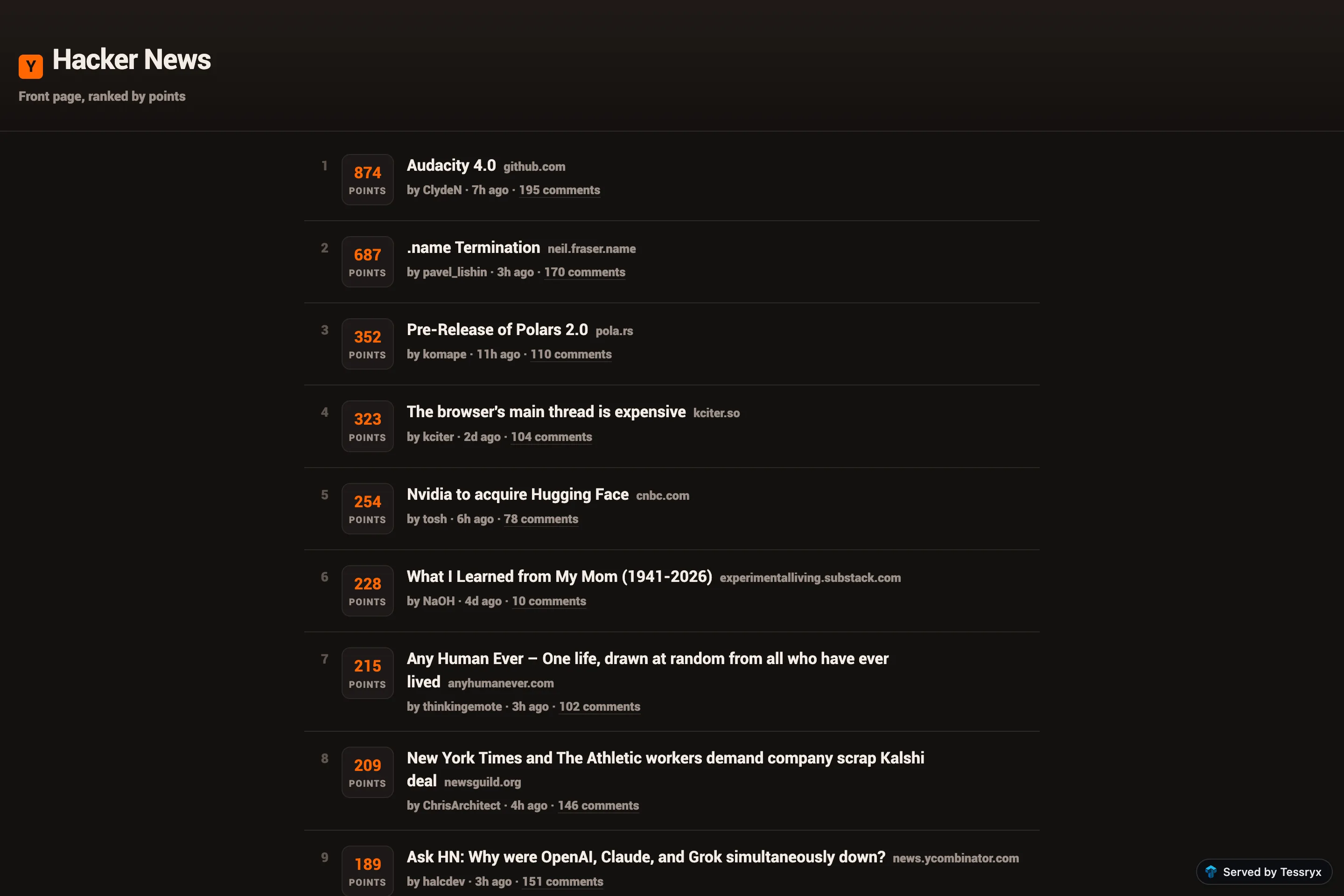 A live API reader, built by an AI agent on Tessryx, live at nicks-org.tessryx.app